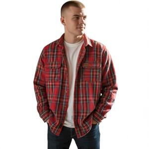 Eddie Bauer Vintage Flannel Sport Shop Leather Tag in Red and Blue  Size L Tall